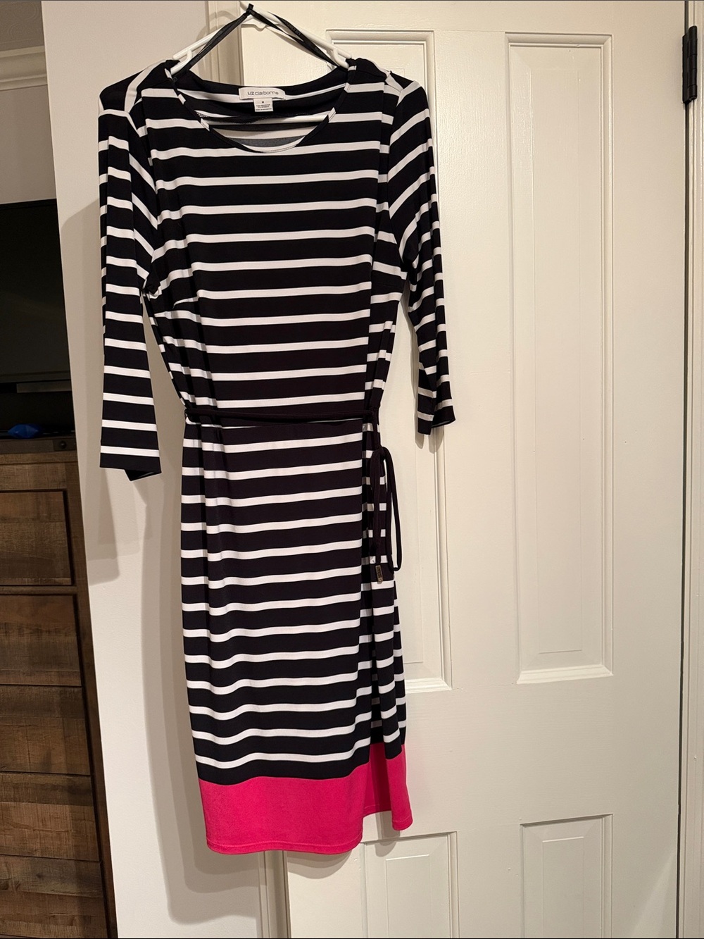 Liz Claiborne Black & White Striped Midi Dress with Pink Hem